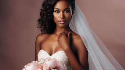 Beautiful afro american young bride in wedding dress close up, generative ai