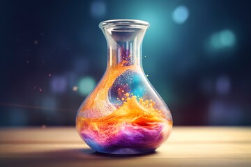 Close Up of a Science Beaker Filled with Multi Colored Liquids. AI Generative