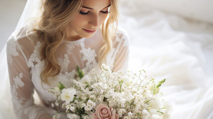Obraz na płótnie Canvas Beautiful european young bride in a wedding dress with a bridal bouquet