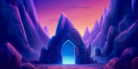 A mountain peak treasure cave in a barren and uninhabited place in Night. AI Generative