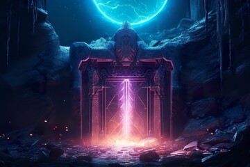 Fantasy night landscape with magical power, ancient stones with magical power and light, runes. Passage to another world, magic door, light, neon. AI Generative - obrazy, fototapety, plakaty
