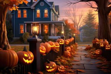A row of carved pumpkins on a sidewalk in front of a house.