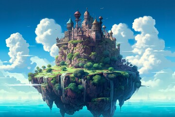 Ancient Heavenly Floating island in the sky with a castle, vibrant, fantasypunk, 