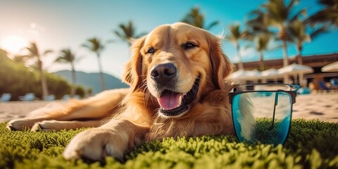 Golden Retriever dog is on summer vacation at seaside resort and relaxing rest on summer beach of Hawaii. 