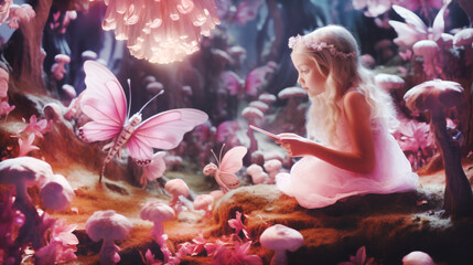 Female child immersed in whimsical virtual world, surrounded by enchanted landscapes and fairy-tale creatures. Wonderland in Barbie pink fantasy. Banner. Generative Ai content.