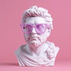 The head of a white mythological statue with fashionable pink glasses on his eyes, frame in profile. 