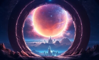 Portal to another world. Futuristic cosmic landscape with circle tunnel in starry sky. Gate in space futuristic background with galaxy and nebula.