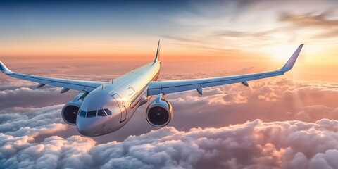 Fototapeta na wymiar Airplane plane wing at sunset time through clouds.
