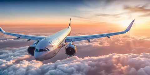 Foto op Plexiglas Airplane plane wing at sunset time through clouds. © MSTSANTA