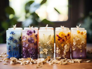 A row of candles with flowers in them on a table.