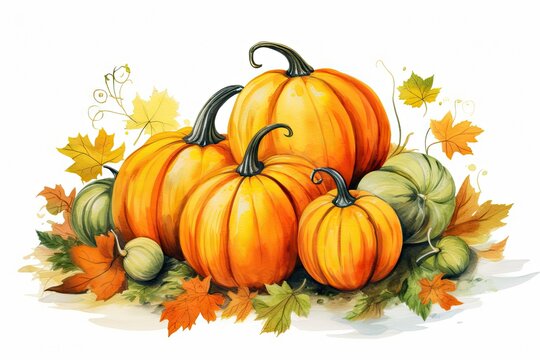A vibrant autumn still life with pumpkins and leaves on a clean white background