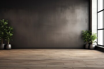 Empty reception room with black and wooden features, grey floor and wall, windows and plant, no people.