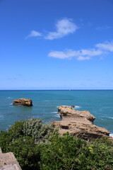 Fototapeta premium Blue water with rock and shrubs and a blue sky