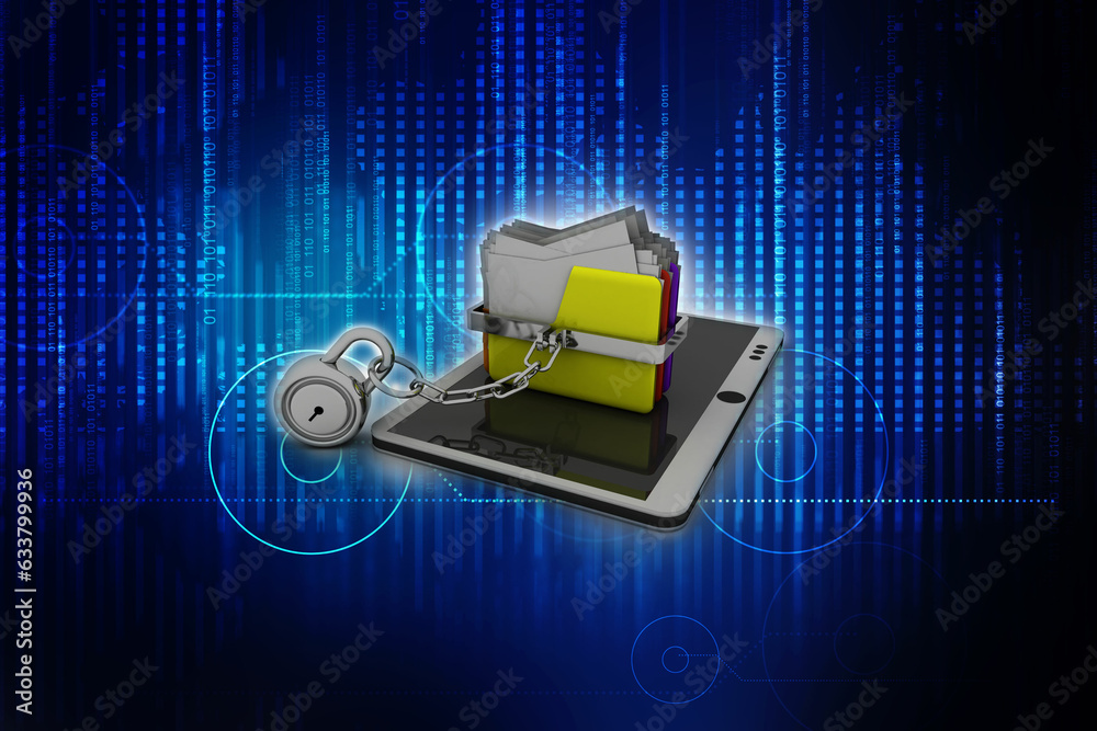 Poster yellow folder and lock with mobile. data security concept. 3d rendering