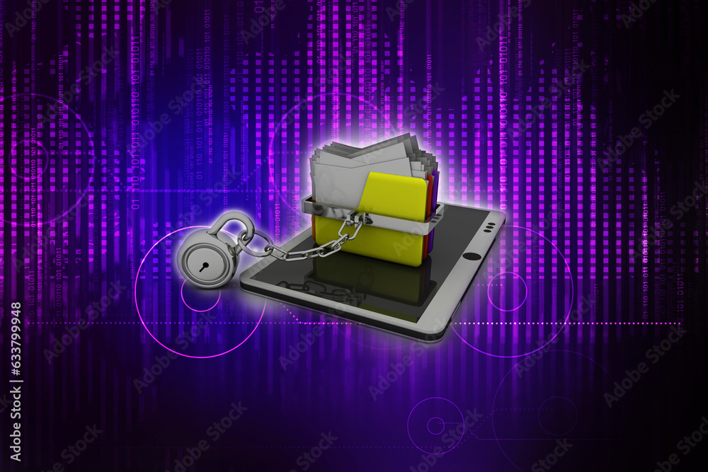 Poster yellow folder and lock with mobile. data security concept. 3d rendering