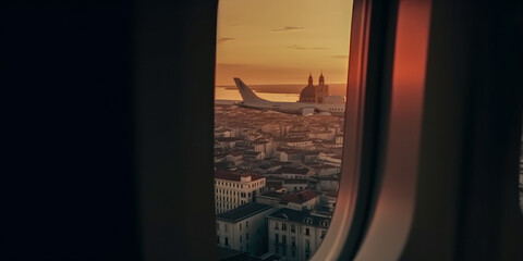 Fototapeta na wymiar An old city skyline through the airplane windows - Generative AI