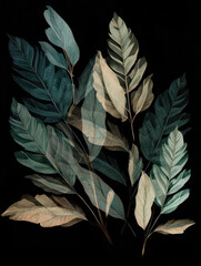 Ai Generated Art A Watercolor Painting of an Abstract   Leaves and Brances against a Black Background in Green Colors