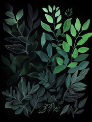 Ai Generated Art A Watercolor Painting of an Abstract   Leaves on a Black Background in Dark and Bright Green Colors