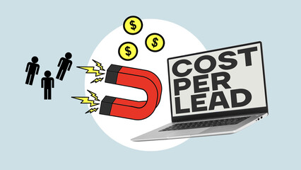 Cost per lead CPL is shown using the text and collage with laptop and magnette