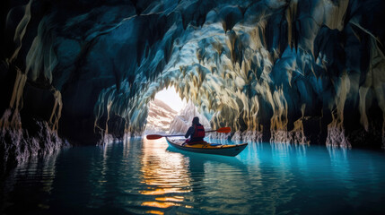 Woman with kayak explores the Marble Caves. 