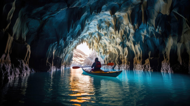 Woman with kayak explores the Marble Caves. 