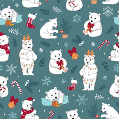 Seamless pattern with cute white polar bears and Christmas elements. Winter blue vector illustration for fabric, wrapping paper, and wallpaper.