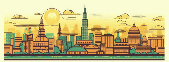World Famous Landmarks Skyline Silhouette Style, Colorful, Cityscape, Travel and Tourist Attraction - Generative AI