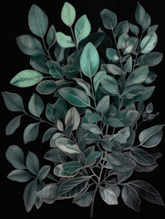 Ai Generated Art A Watercolor Painting of an Abstract  Branches and Leaves against a Black Background in Bright Pastel Sage Green Colors