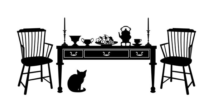 Two wooden chairs, an antique dining table, candlesticks, fruit bowl and various tea-drinking utensils. Retro interior. Isolated silhouettes of objects on a white background. 