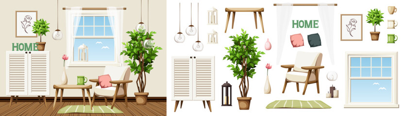 Cozy room interior with a white armchair, a table, a window, a cabinet, and a big ficus tree. Furniture set. Interior constructor. Cartoon vector illustration