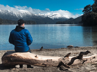 Person Seated on a Tree, Enjoying the Lake and Mountains