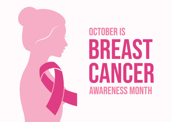 October is Breast Cancer Awareness Month vector illustration. Young woman silhouette and pink cancer awareness ribbon icon vector. Important day