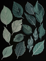 Ai Generated Art A Watercolor Painting of an Abstract  Set of Diverse Leaves against a Black Background in Bright Pastel Sage Green Colors