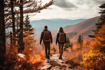 A couple hiking in the mountains with fall foliage in the blurred background  - obrazy, fototapety, plakaty