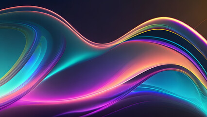 Abstract fluid iridescent holographic neon curved wave in motion colorful background 3d render. Gradient design element for posters, banners, wallpapers, backgrounds, and covers. Generative AI 