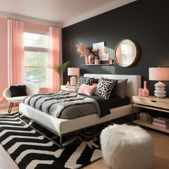 Girl’s room with a modern Style in black and pink colors.