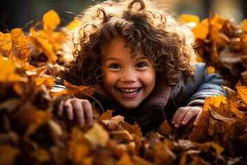 A young girl playing in a pile of leaves 