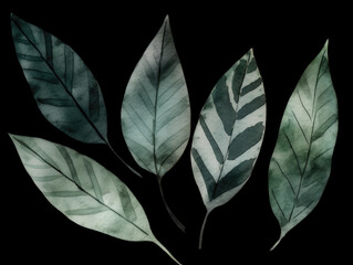 Ai Generated Art A Watercolor Painting of Leaves Against the Black Background in Bright Pastel Sage Green Colors