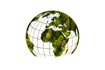 world map and plant Icon with green planet, forest shape, isolated on white background. Sustainable...