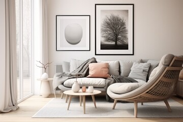 Create a modern living room setting with a a Scandinavian style poster frame.