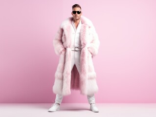 Fullbody portrait of a fictional white man in pink fur coat standing. Pimp guy with sunglasses. Isolated on a plain pink colored background. Generative AI. - obrazy, fototapety, plakaty