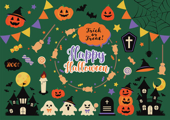 かわいいハロウィンのイラストセット　かぼちゃやおばけやコウモリ