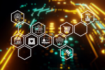 Server background with shop icons. Digital marketing media (website ad, email, social network, SEO, video, mobile app). Business online shopping concept.ecommerce concept.