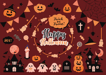 シックなハロウィンのイラストセット　かぼちゃやおばけやコウモリ