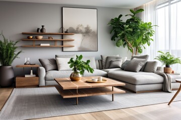 Fototapeta premium Fashionable living room interior with a grey corner sofa and two wooden coffee tables, one with a potted plant.