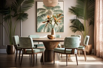 Dining room interior with trendy furniture, tropical touches, and elegant decor.