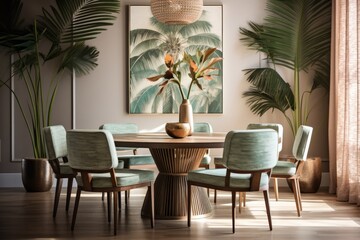 Obraz premium Dining room interior with trendy furniture, tropical touches, and elegant decor.