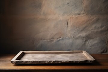 Empty stone tray on wooden tabletop in kitchen for product montage.
