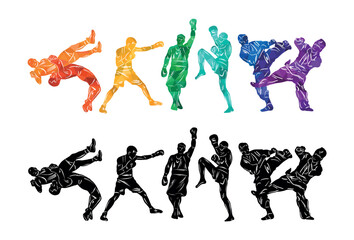 Fototapeta na wymiar Freestyle wrestling, boxing, kickboxing, muay thai, karate, taekwondo, mixed martial arts vector colorful people silhouettes. Wrestlers, boxers, karatekas.