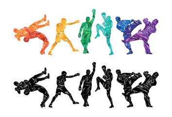 Freestyle wrestling, boxing, kickboxing, muay thai, karate, taekwondo, mixed martial arts vector colorful people silhouettes. Wrestlers, boxers, karatekas.